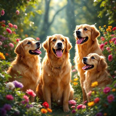 The image features a group of five golden retrievers standing together in a field of flowers. The dogs are positioned in a semi-circle, with some of them facing the camera. The field is filled with various flowers, creating a vibrant and lively atmosphere. The dogs appear to be enjoying their time together, possibly posing for a photo.
